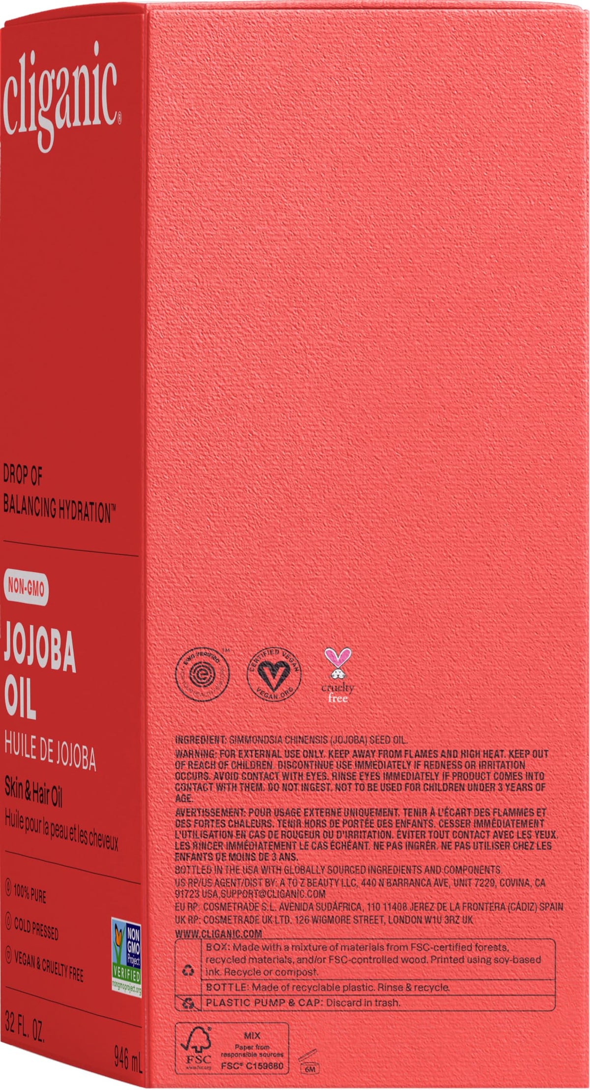 Cliganic Aceite de Jojoba 100% Puro a Granel Sin Hexano ni Refinar 946 ml