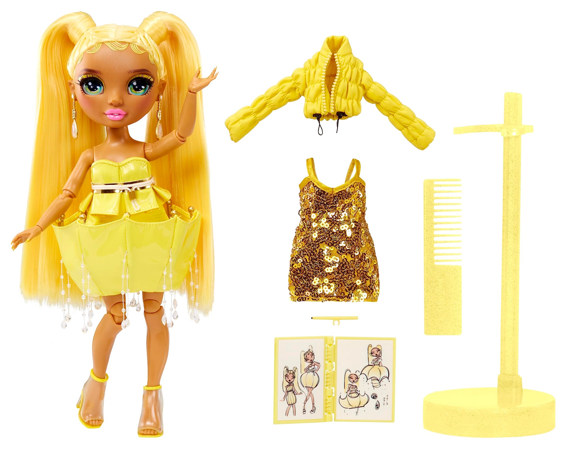 Muñeca Fantastic Fashion Rainbow High Amarilla con 2 Outfits y Accesorios para Personalizar