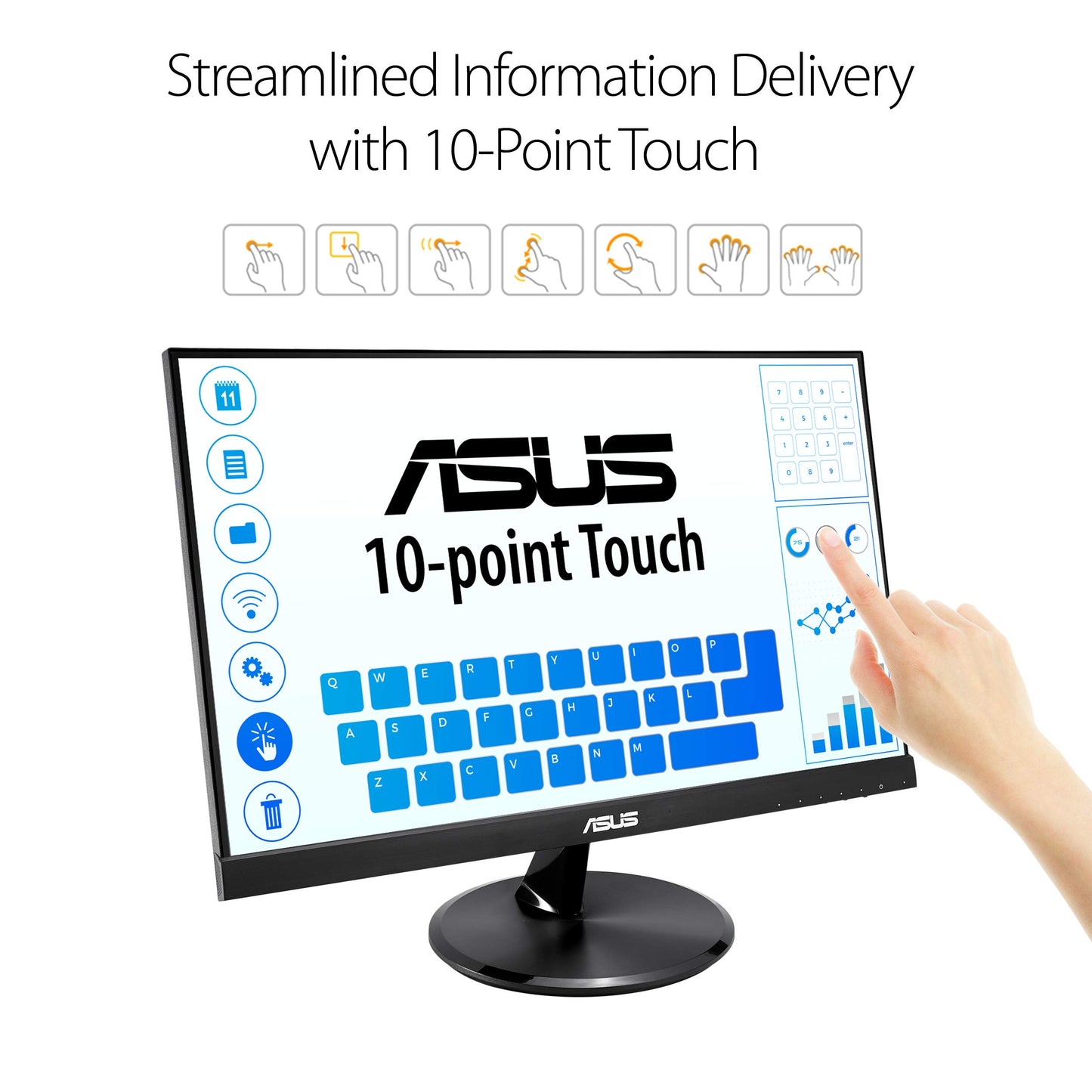 Asus Monitor Touch 21.5" VT229H, Full HD (1920 x 1080), 10 Puntos táctiles, panel IPS, sin marco, antiparpadeo, Filtro de luz Azul, HDMI, dureza 7H