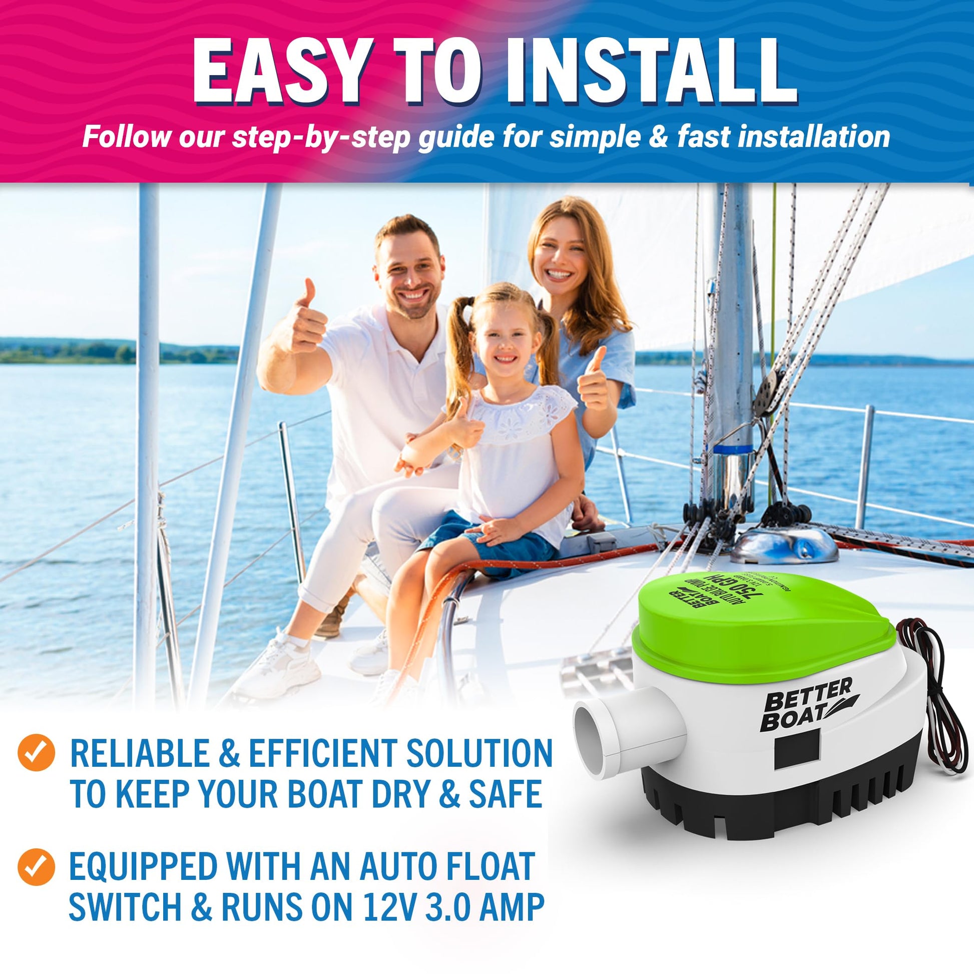 Better Boat Bomba de sentina automática, bomba sumergible de 12 V de 750 GPH con interruptor de flotador integrado, toma de 3/4 pulgadas, compatible con botes de bajo, Jon Boats y más
