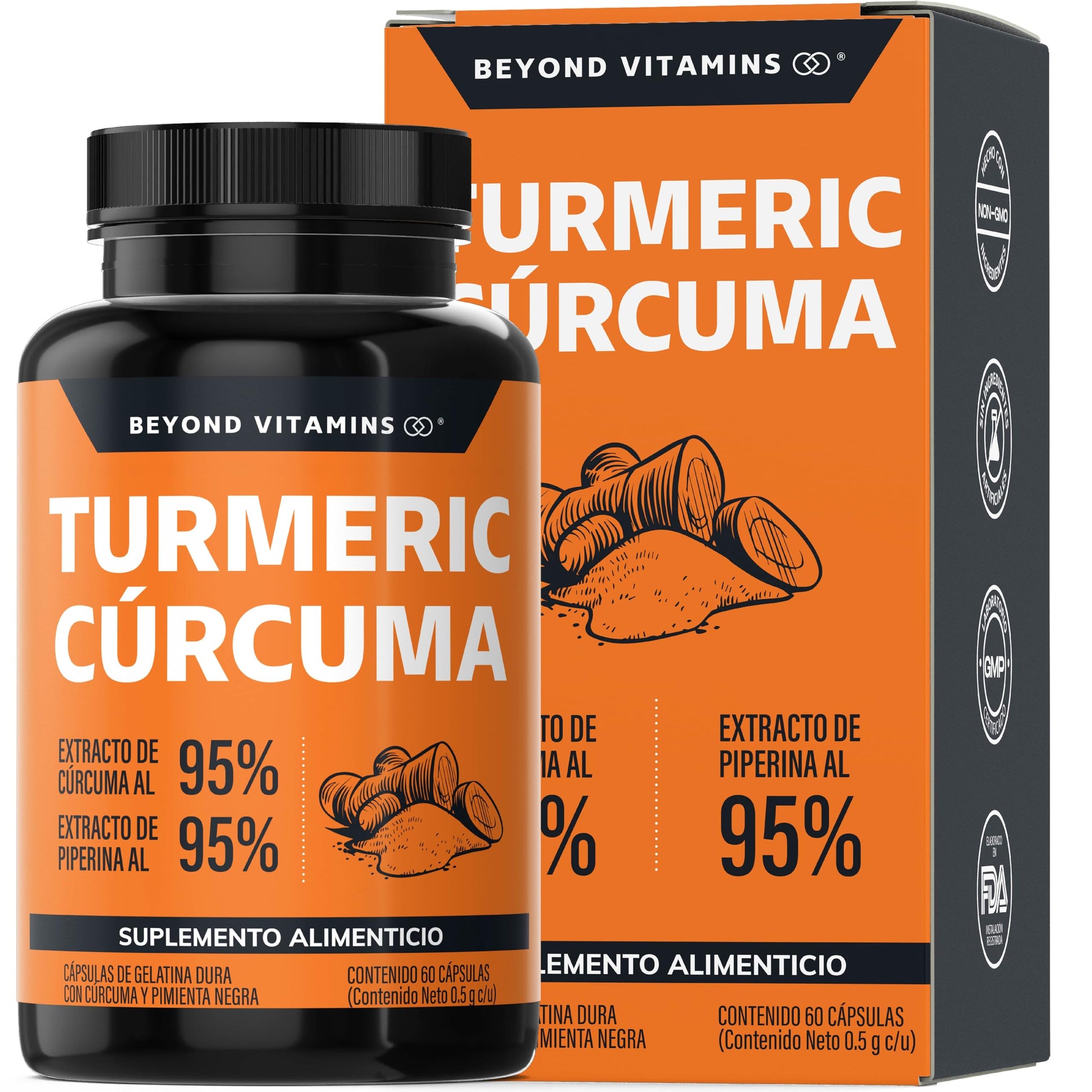 Suplemento Alimenticio Turmeric Cúrcuma con Raíz Estandarizada y Pimienta Negra Alta Potencia NON GMO