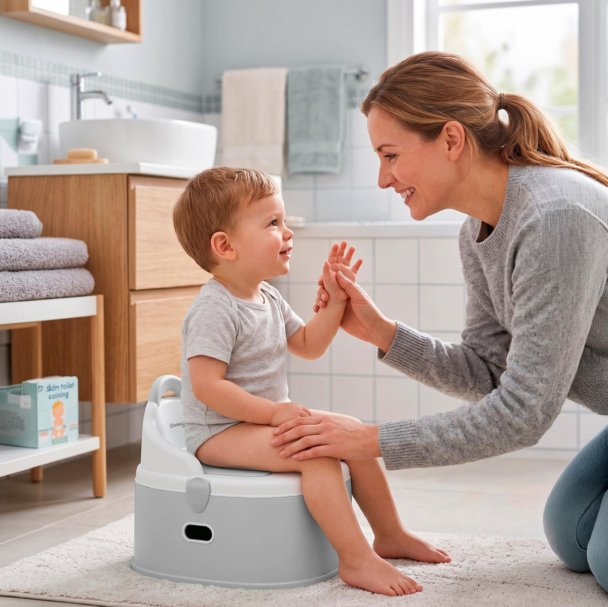 BEBBLY Bañito Entrenador Infantil 3 en 1, Bacinica, Asiento Reductor y Banco con Almacenamiento Antiderrapante para Niños de 6 Meses a 3 Años, Fácil de Limpiar, para Aprender a ir al Baño (Gris)