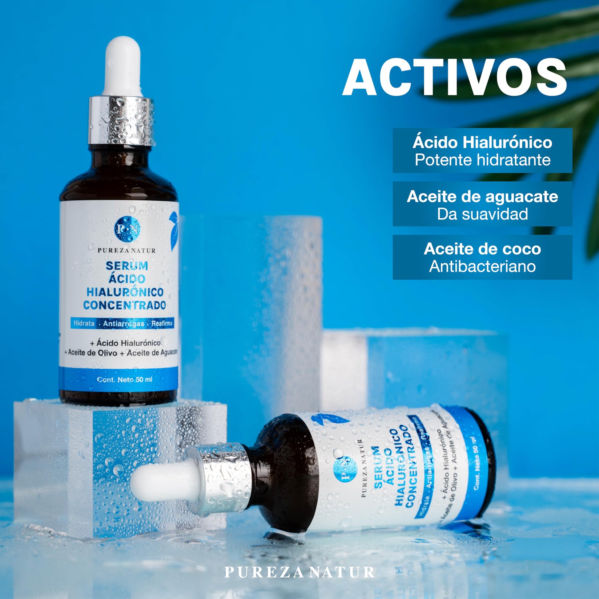 PUREZA NATUR Serum Acido Hialurónico facial Hidratante + Aceite de aguacate y Olivo para la cara skin care | Suero anti aging, para ojeras y arrugas 50ml (Serum AH concentrado)