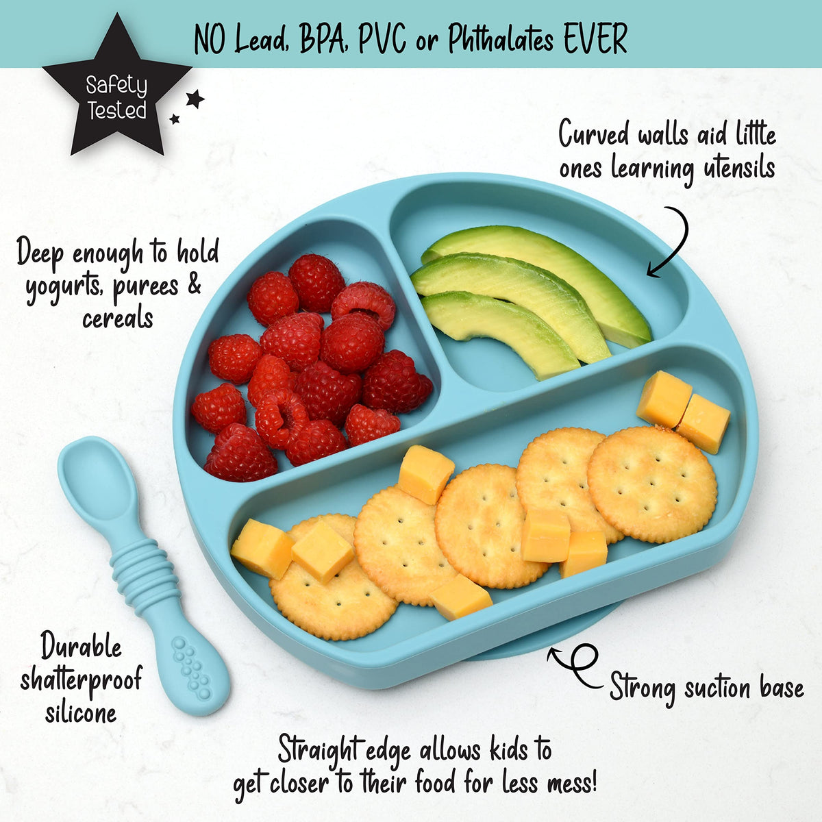 PrimaStella - Juego de alimentación de plato y cuchara de silicona irrompible para bebés y niños pequeños, color azul pacífico