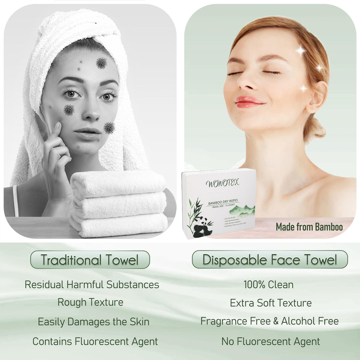 WOWOTEX - Toalla facial de viaje de bambú biodegradable, grande, 30 unidades, 2 unidades, extra gruesa, suave, limpia, para limpieza facial y corporal
