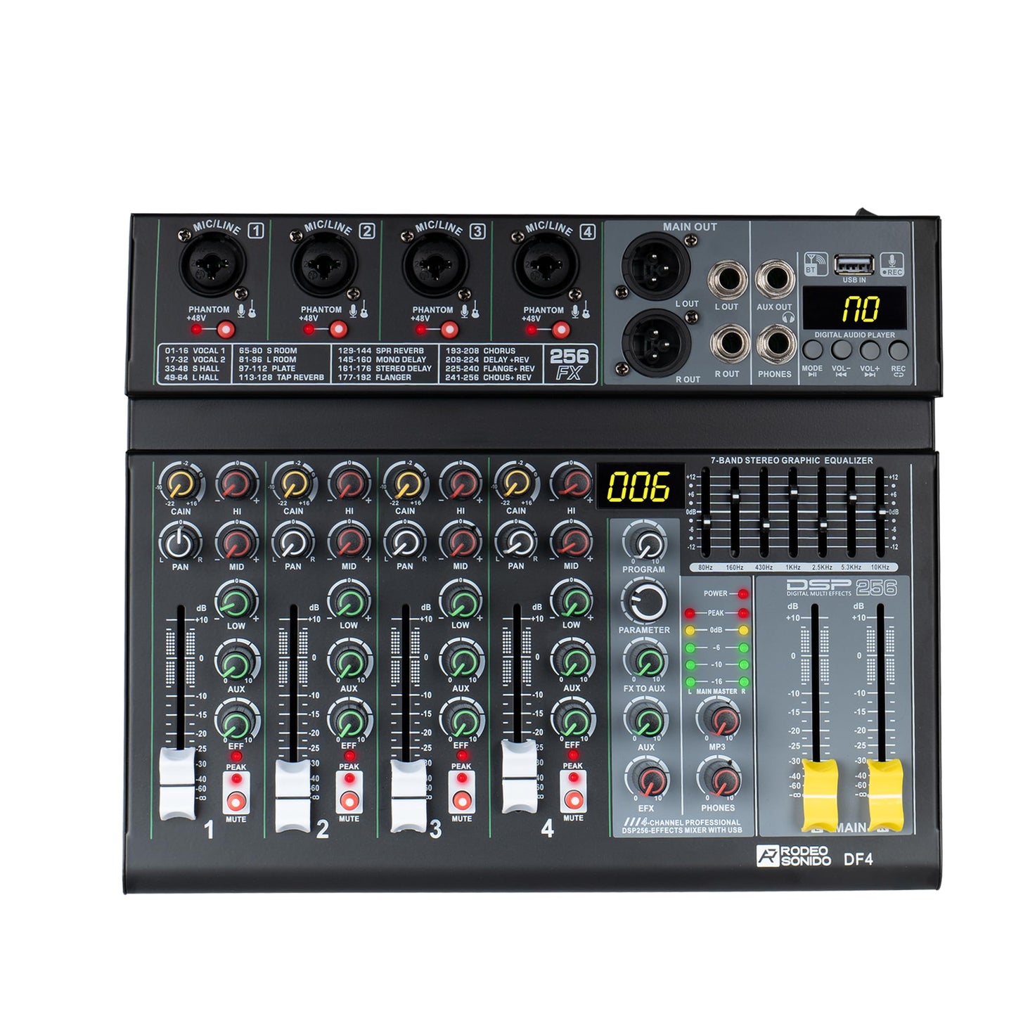 Mezcladora de Audio Rodeosonido Df4n Profesional con USB y Bluetooth