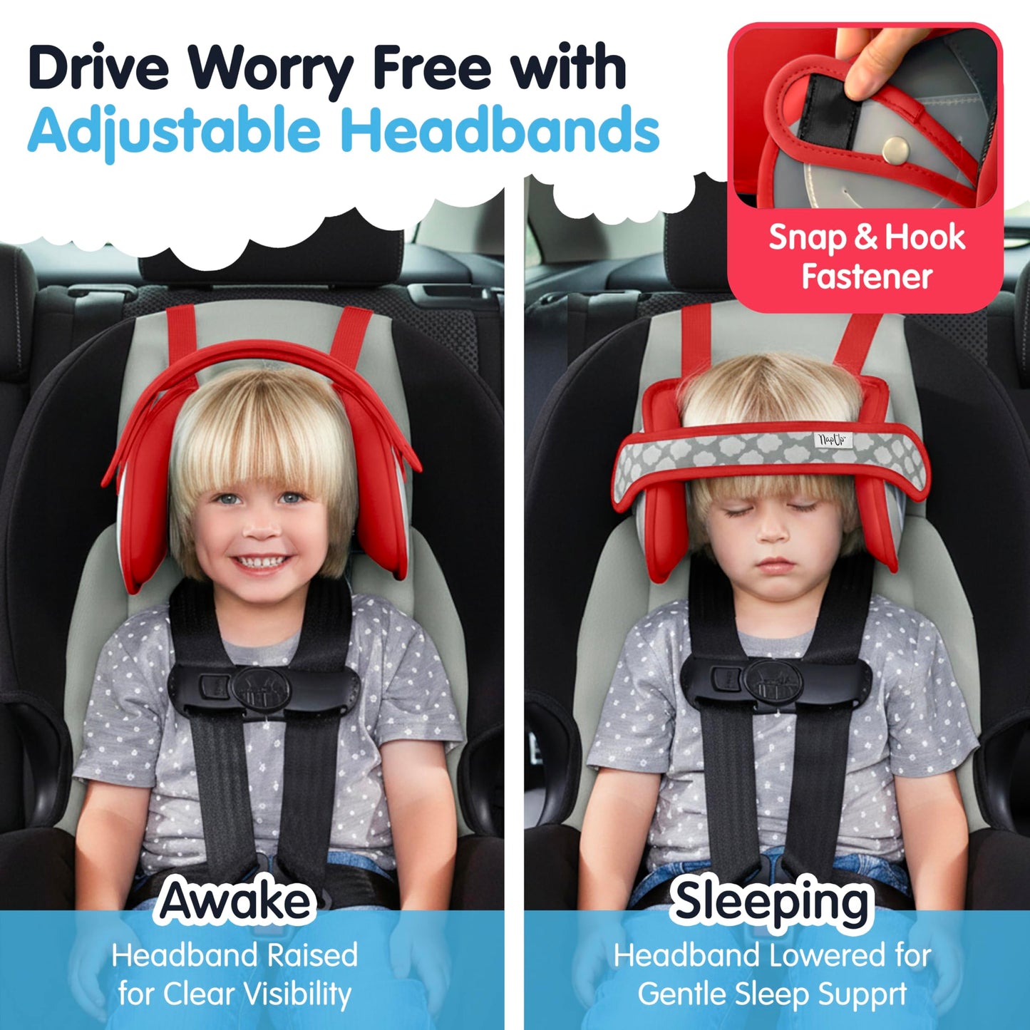 NAPUP Soporte para cabeza de niño para asientos de coche – Solución segura y cómoda de apoyo de almohada para cabeza y cuello para asientos delanteros de coche y refuerzos de respaldo alto – Accesorios de viaje para bebés y niños (roja)