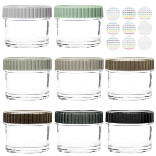 Youngever - Contenedores de vidrio apilables para alimentos para bebés, 4 onzas, con tapas herméticas, tarros de vidrio con tapas, 8 colores urbanos (8 juegos)