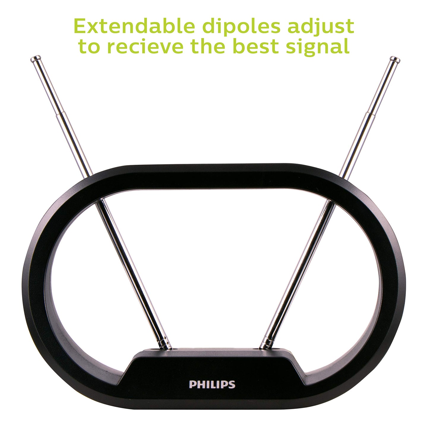 PHILIPS Modern Loop Rabbit Ears Antena de TV para Interiores, dipolos Extensibles de 15 Pulgadas, 4K 1080P VHF UHF, Escritorio, HDTV Digital, Cable coaxial de 4 pies, Negro, SDV7114A / 27