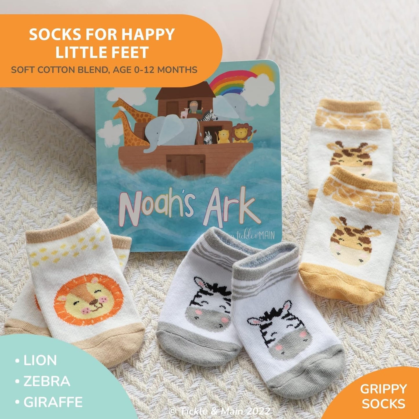 Tickle & Main Noah's Ark Bautismo Regalos para niños Juego de libros y calcetines - 0-12 meses, 4 piezas - Esencial para bautismo y libro de cuentos Combo