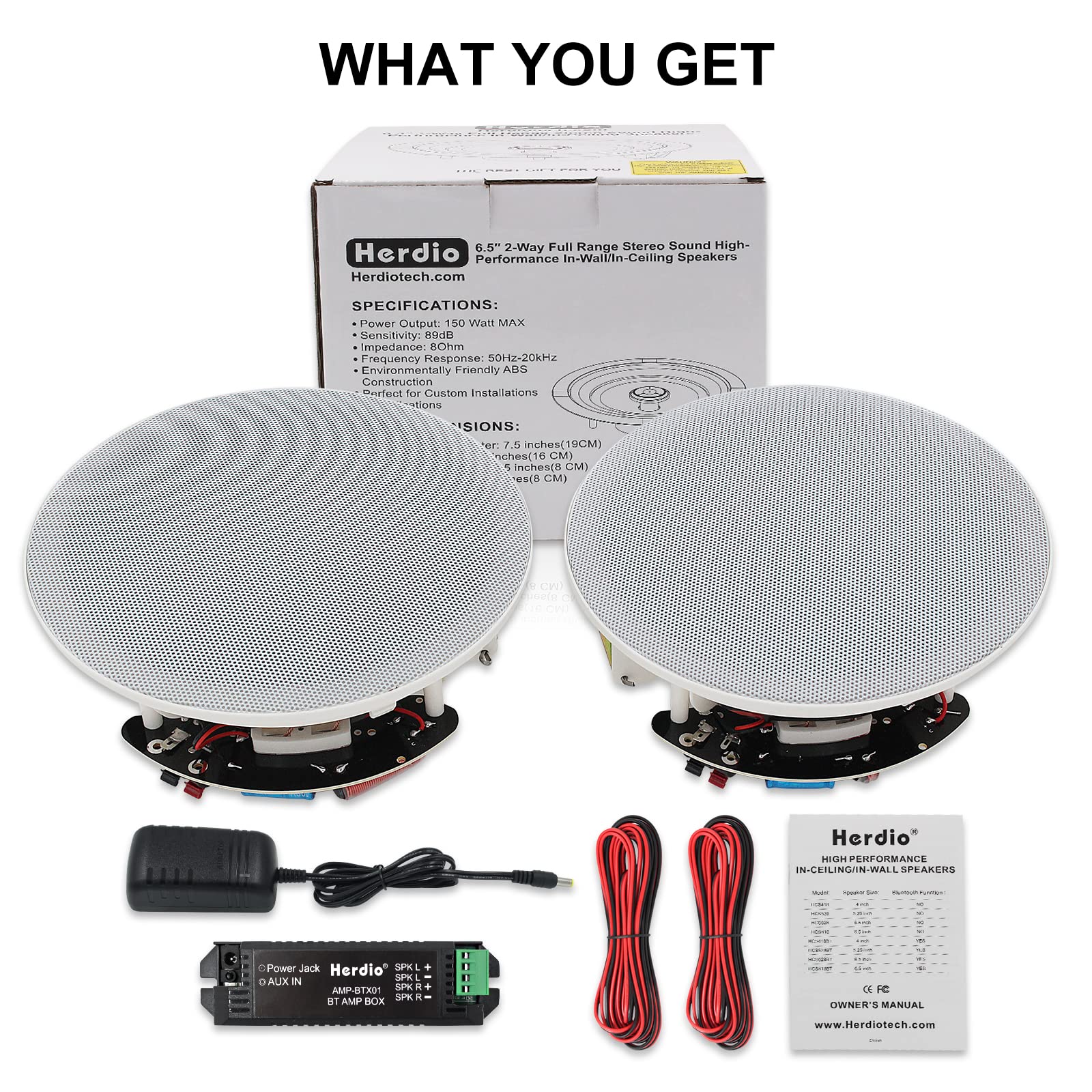 Herdio Altavoces Compatibile con Bluetooth universales de 2 vías para Montaje Empotrado en Pared en Techo de 6.5 Pulgadas, Potencia máxima de 300 vatios, diámetro de Corte de 7.6 Pulgadas (un par)
