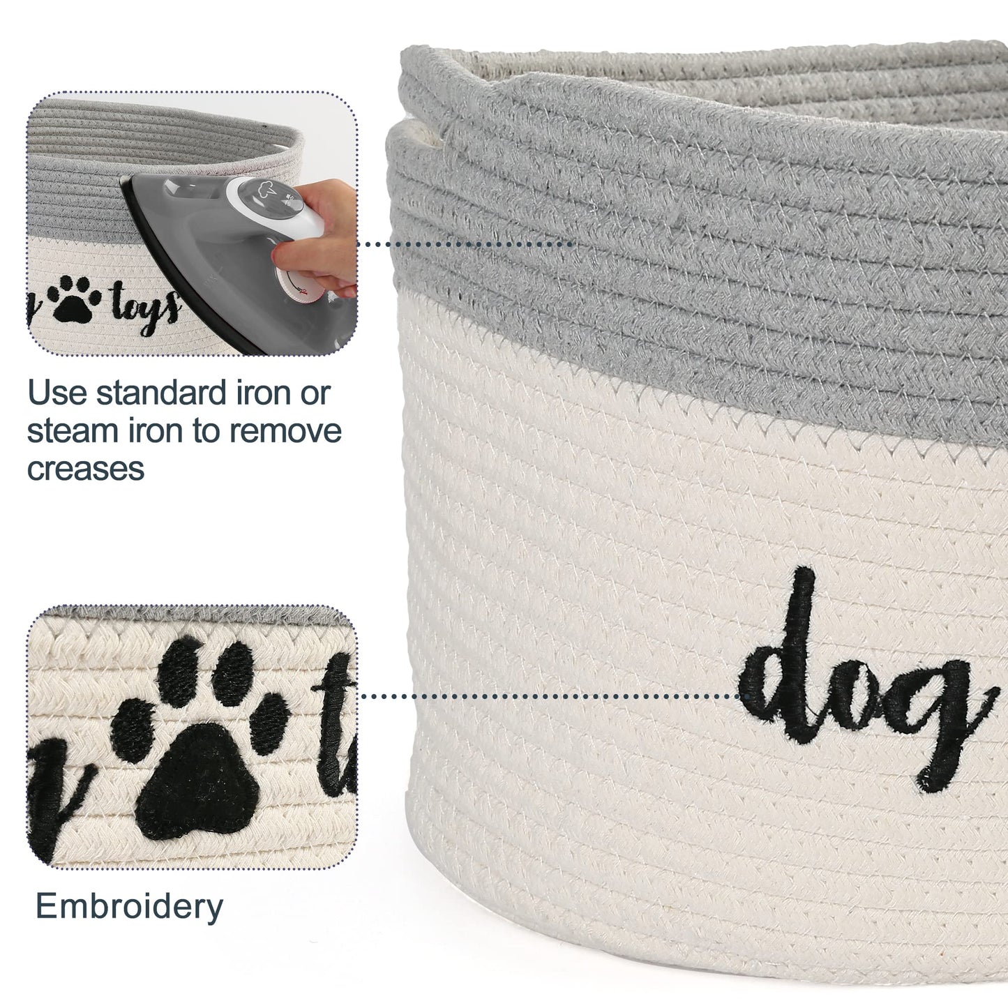 PrimePets - Cesta de juguetes de cuerda de algodón para perros, cesta pequeña con asas, contenedor de almacenamiento tela para perros, mascotas, 15 x 10 x 9 pulgadas, soporte para contenedores para