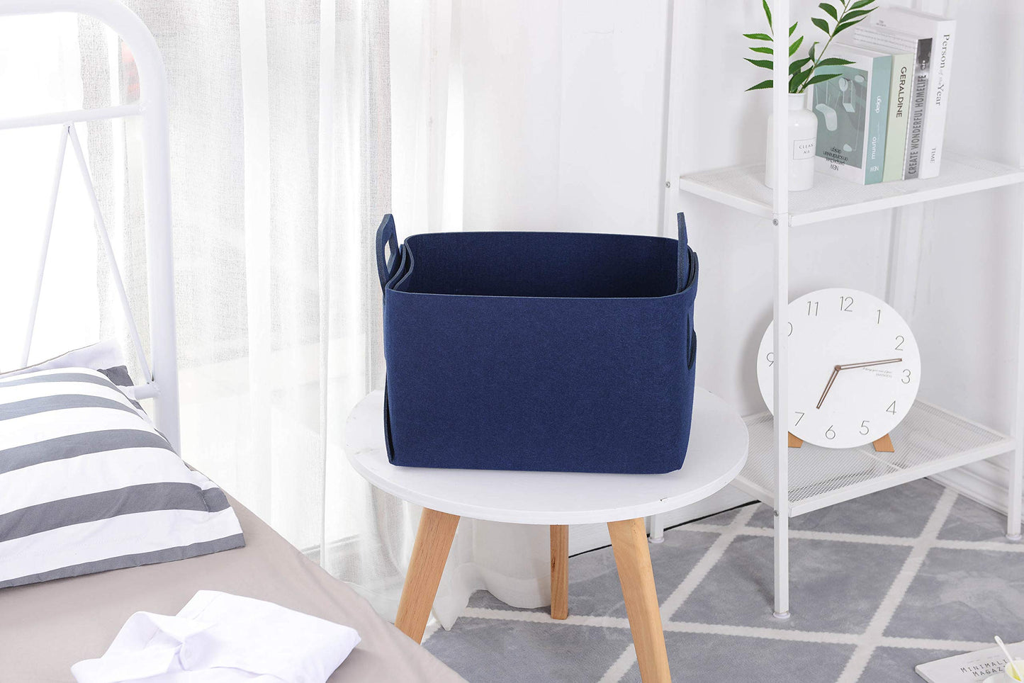 Minoisome - Cesta de almacenamiento de fieltro plegable y conveniente organizador con asas de transporte para oficina, recámara, clóset, bebés, guardería, juguetes, ropa (azul marino, 15.7 pulgadas de