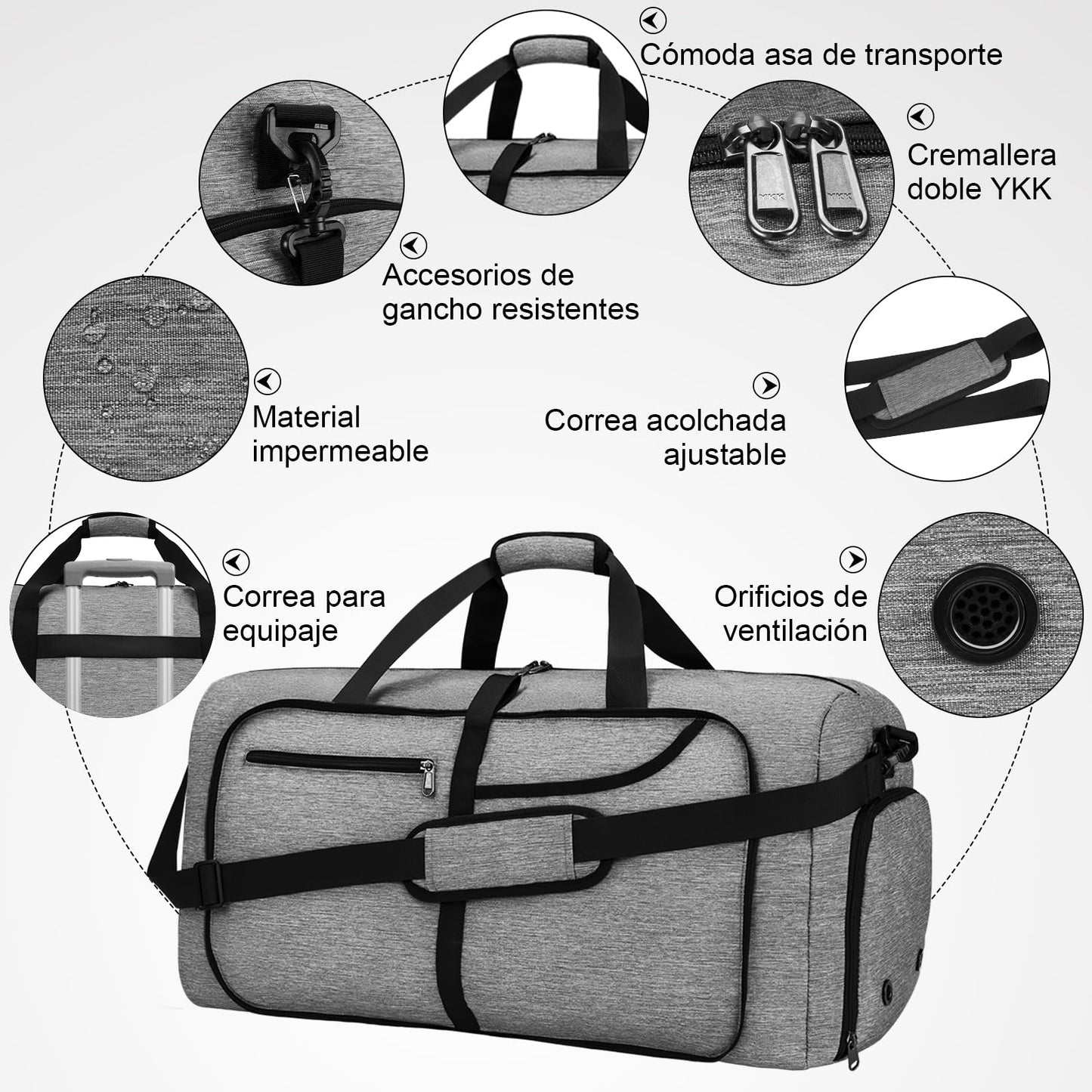 Bolsa de Viaje NEWHEY Gris Plegable Impermeable 65L con Compartimento para Zapatos para Mujer y Hombre