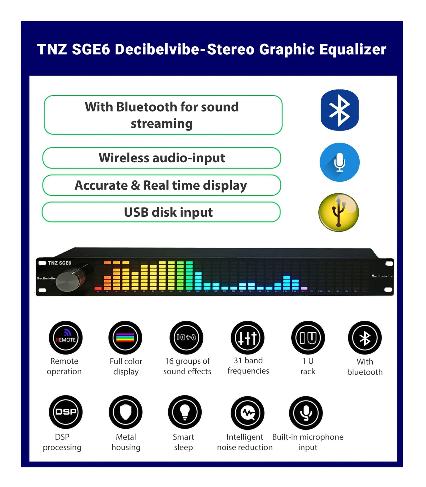 Decibelvibe TNZ SGE6 - Ecualizador Gráfico de Audio con Entrada y Salida RCA Trasera + Auxiliar de 3.5, Micrófono Integrado y USB, Preamplificador para Audio en Casa, Profesional, Automóvil, HiFi