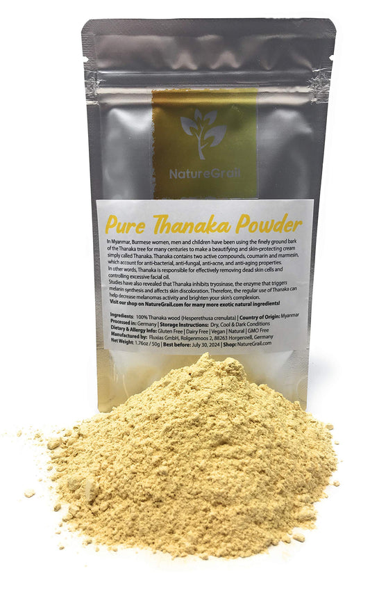 Pure Thanaka Powder - Tanaka from Thailand - Ingredients: 100% Thanaka Wood (Hesperethusa Crenulata) - Kosher, Halal, Organic - Net Weight: 1.76Oz / 50G, Naturegrail, HERB, Polvo, 1 Unidades, Certific