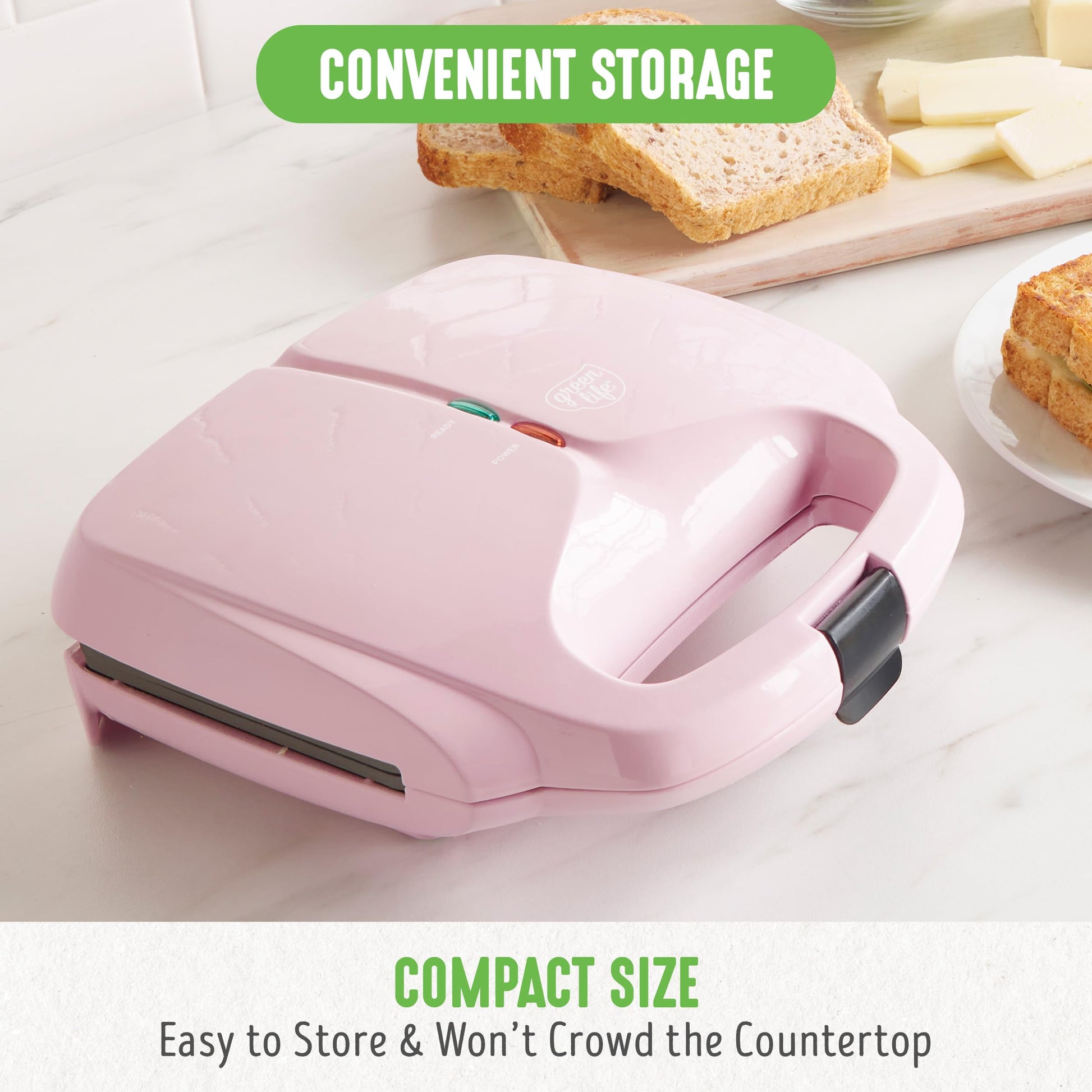 GreenLife Pro - Parrilla eléctrica Panini Press y sandwichera, placas antiadherentes de cerámica saludables, luz indicadora fácil, sin PFAS, rosa