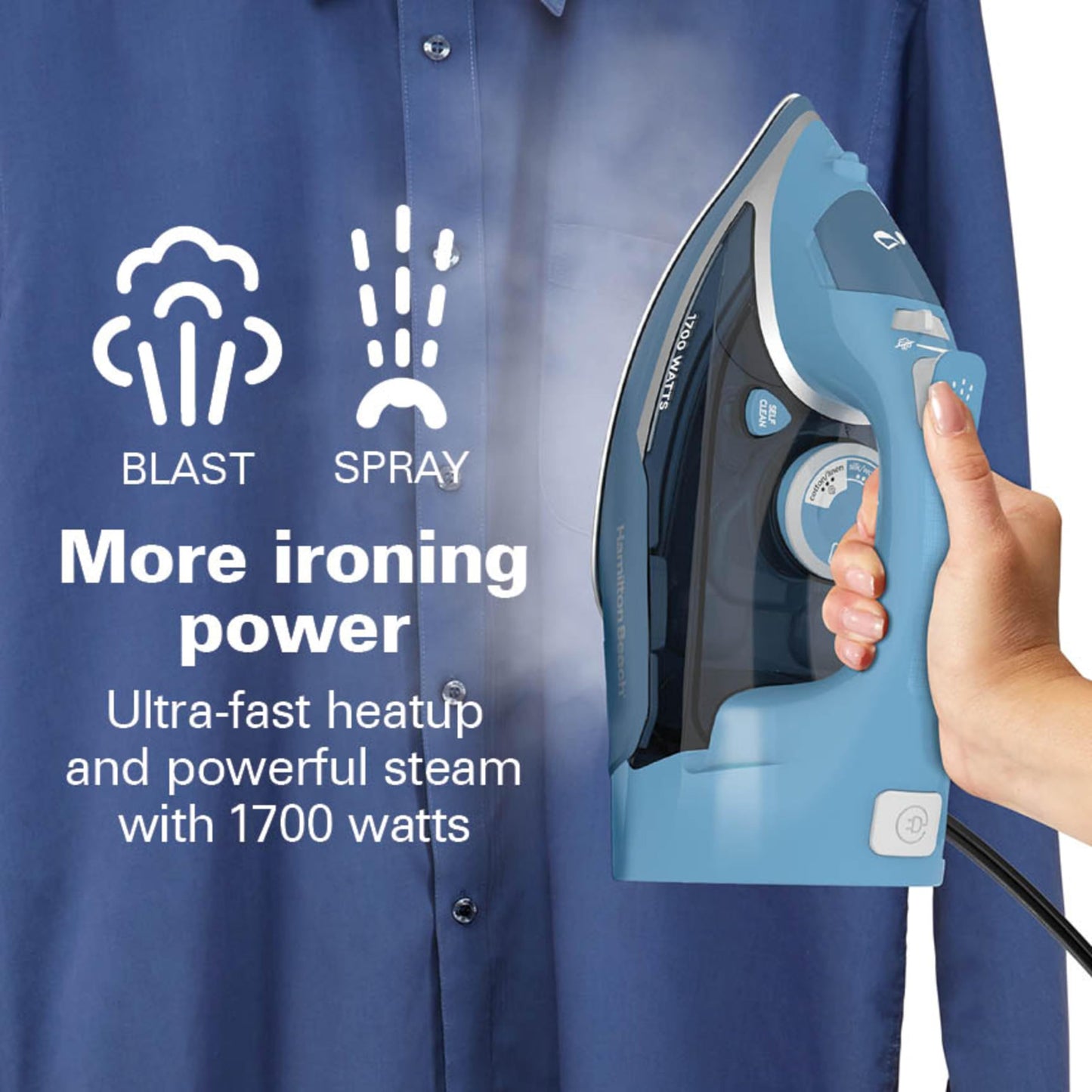 Hamilton Beach - Plancha de vapor para ropa y ropa con suela de acero inoxidable duradera, 1700 vatios para calor ultrarrápido, cable retráctil de 8 pies, apagado automático, tanque de agua de 350 ml,