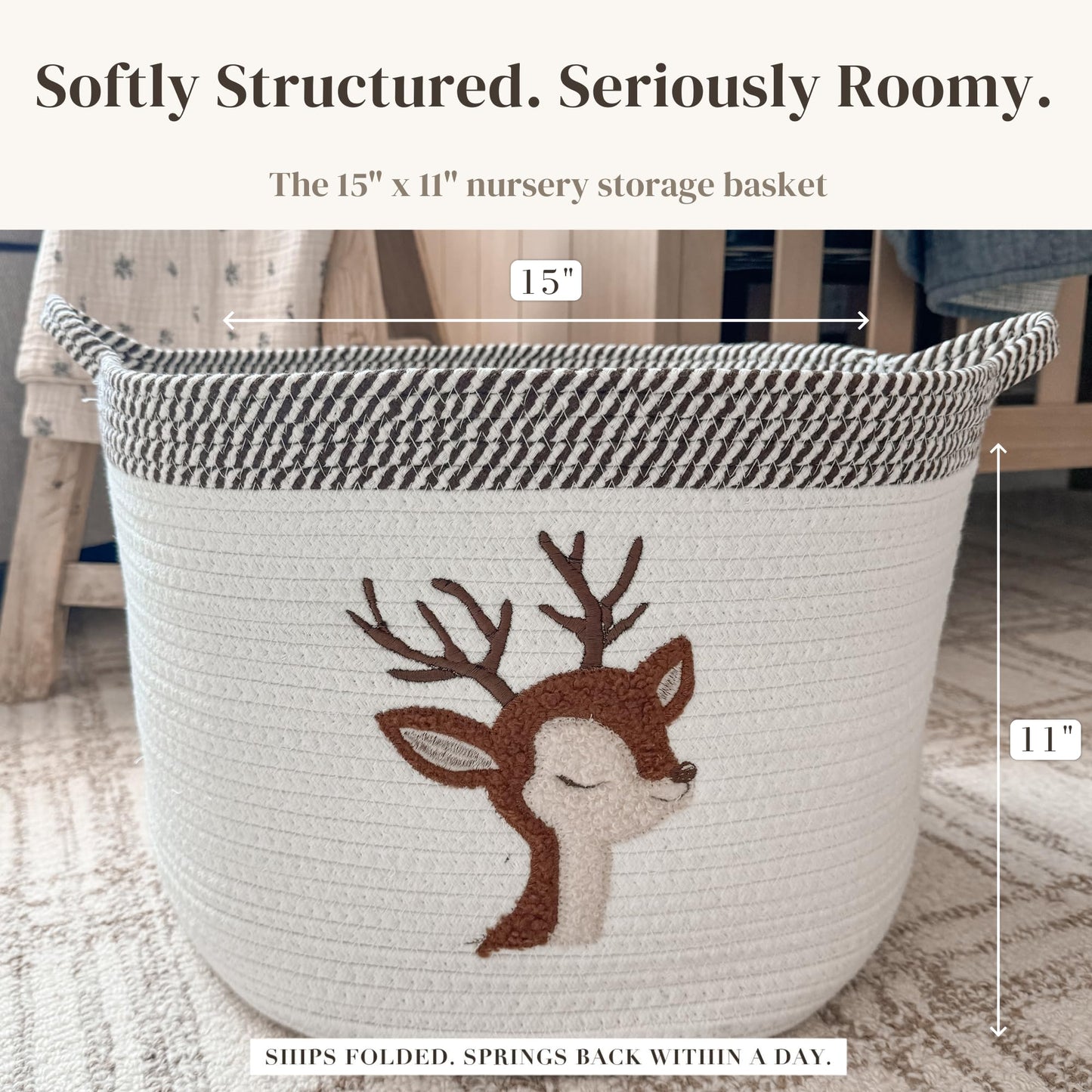 Cesta de almacenamiento de ciervos para guardería – Contenedor grande de cuerda de algodón de 15 x 11 pulgadas con parche de fieltro suave – Organizador de juguetes, cesta de lavandería para bebé