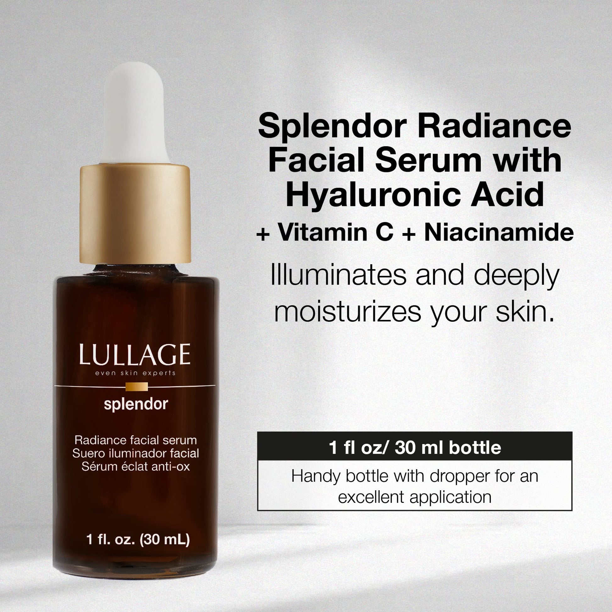 LULLAGE, Splendor, Dropper, Suero Iluminador Facial, Tratamiento Facial Anti-edad, Aclara, Revitaliza, Hidrata, con Ácido Hialurónico, Vitamina C, 30 ml