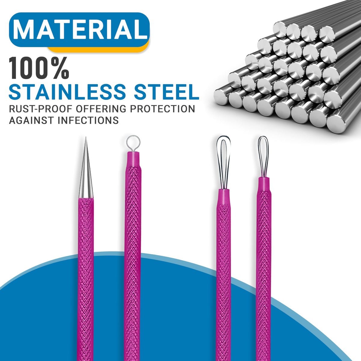 EFAH Care Extractor de espinillas de acero inoxidable para tratamiento del acné, manchas quirúrgicas, eliminador de puntos negros, perfecto para la cara y la nariz, fácil de limpiar, color rosa
