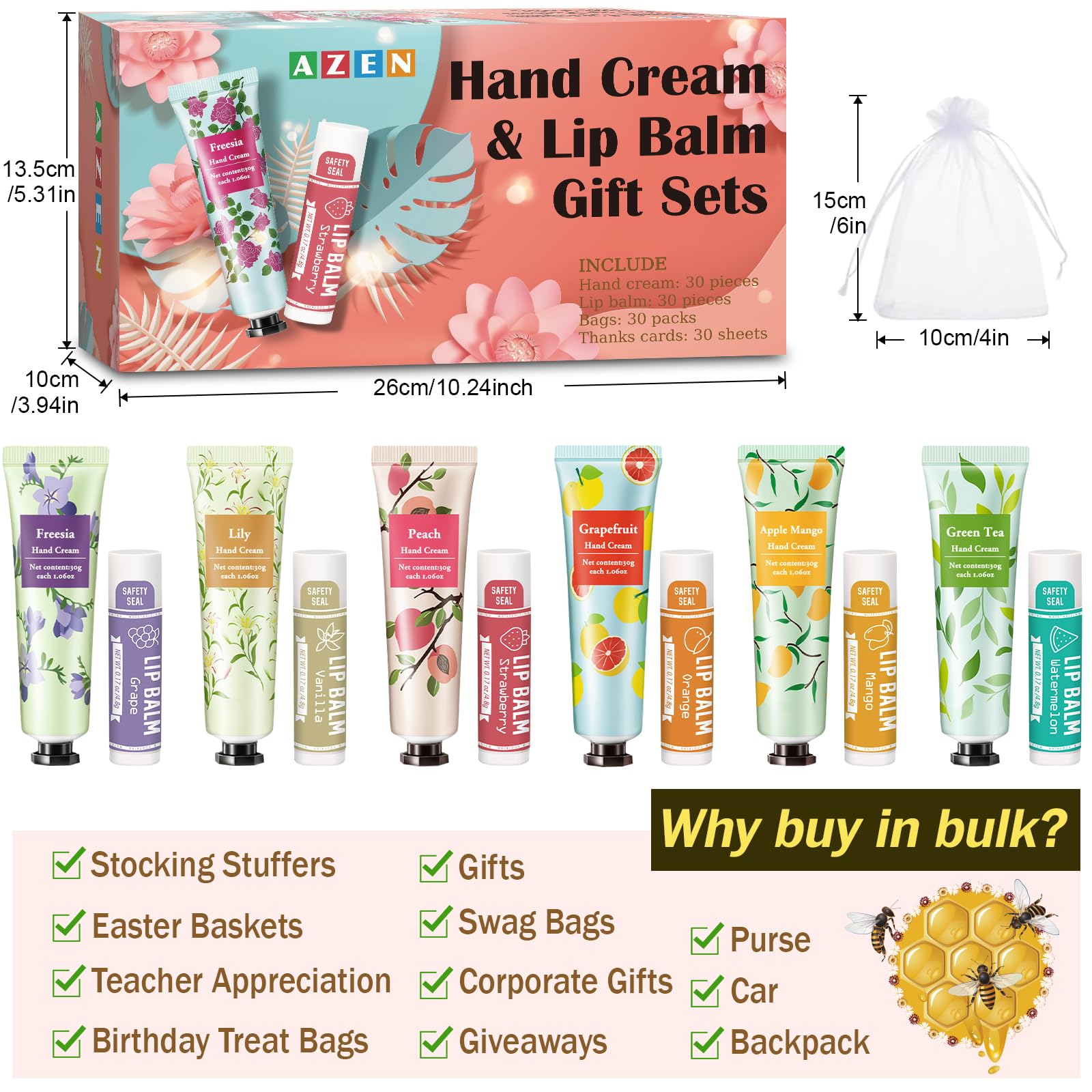 AZEN 30 Juegos De Crema De Manos A Granel Y Bálsamo Labial Conjunto A Granel, Regalos De Despedida De Soltera Para Invitados Con Bolsa De Organza Tarjeta De Agradecimiento, Favores