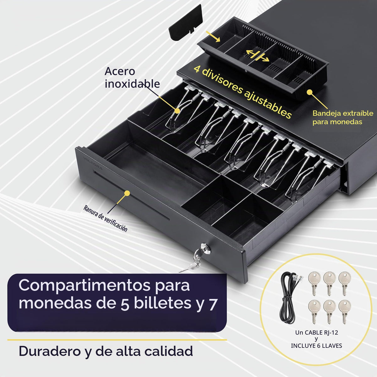 Cajón de Caja Registradora Volcora Negro con Ranuras Ajustables para Sistema POS