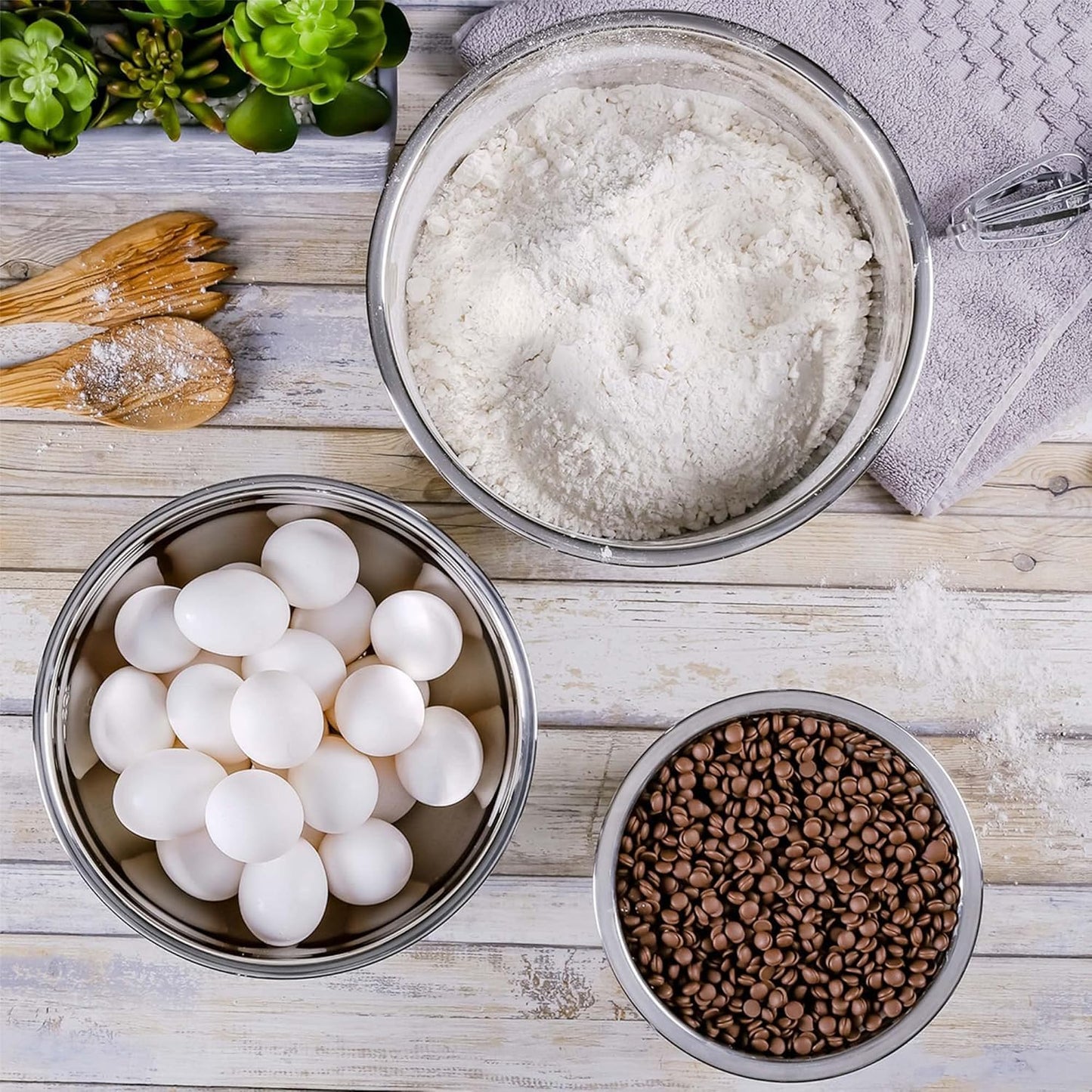 Juego de Cuencos de Acero Inoxidable Ovente Plateado con Tapa y Marcas de Medición para Cocina