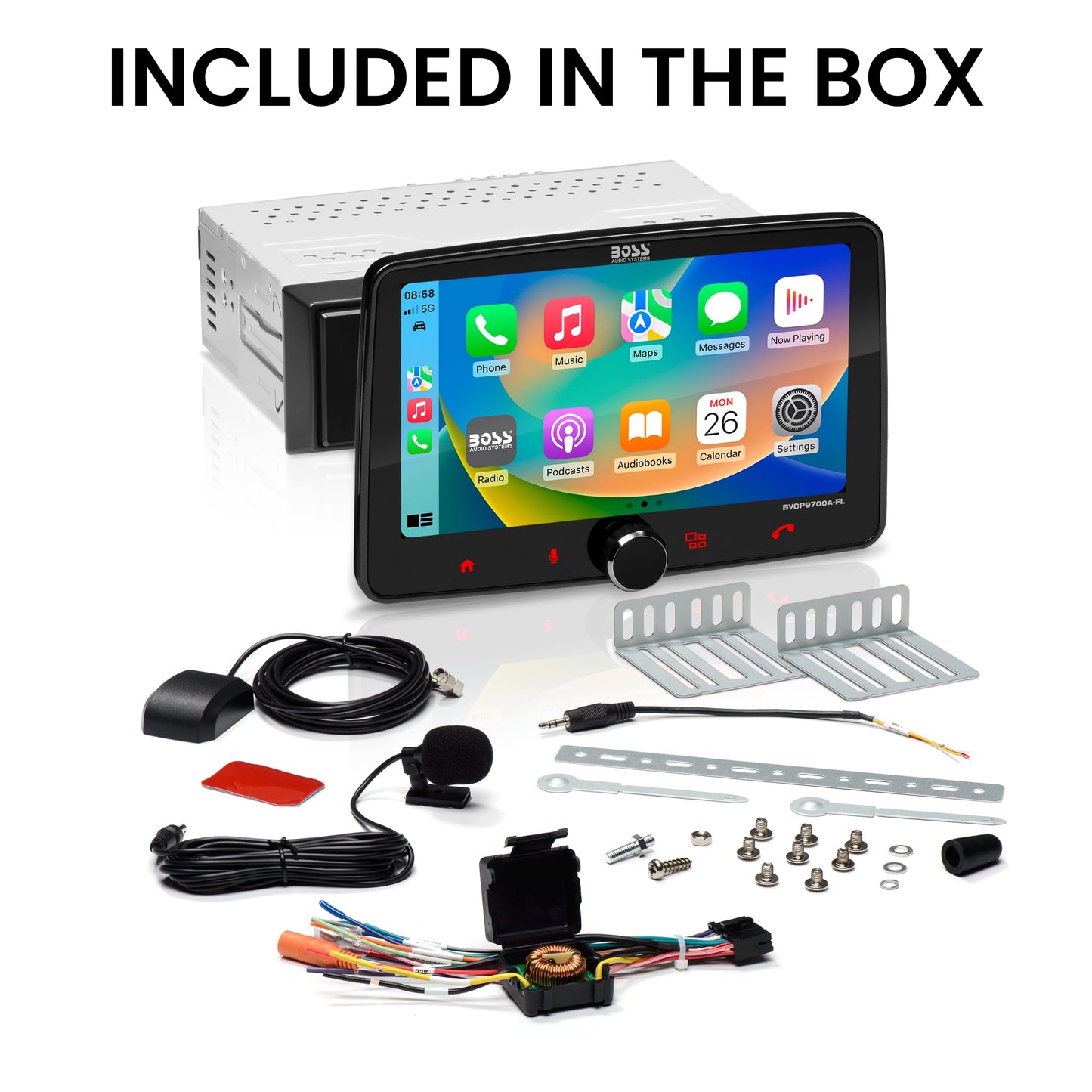 Boss Audio Systems Sistema estéreo de Audio para automóvil BVCP9700A-FL: Apple CarPlay, Android Auto, DIN único de 7 Pulgadas, Pantalla táctil capacitiva, Unidad Principal de Audio Llamadas Bluetooth