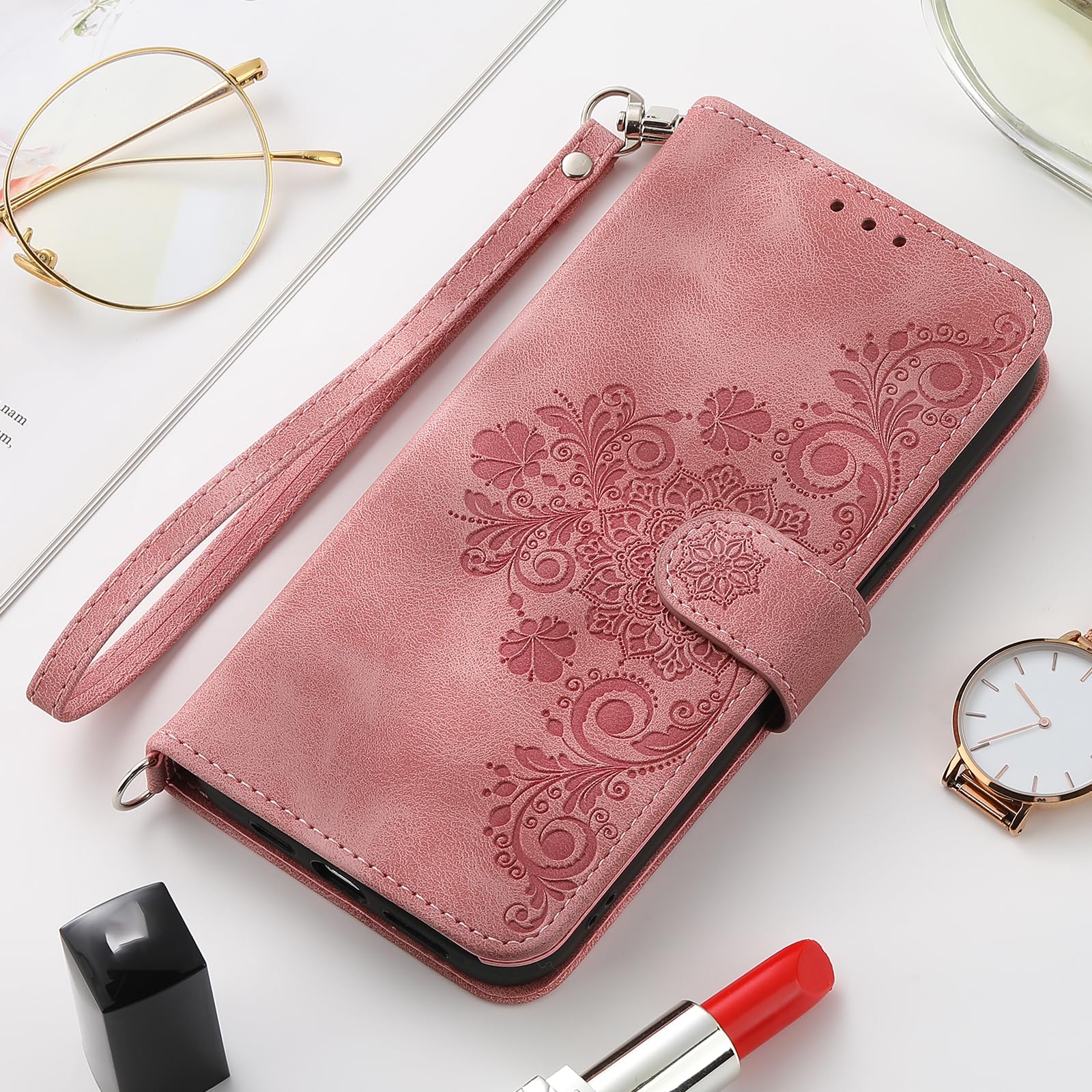 Auslbin Funda para Xiaomi Poco M5S 4G 6.43"/Poco M5S /Note 10/10S 4G Case Ranura de 5 Tarjetas con función de Soporte y cordón Cover Movil Protectora de Cuero PU Carcasa Rosa