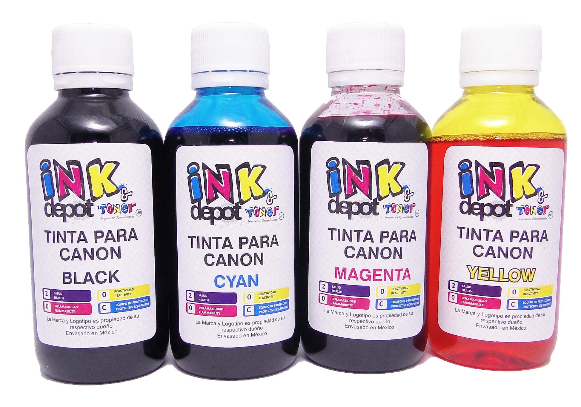 Ink Depot Juego de 4 Tintas Marca Compatible con Canon para Recarga de impresoras, multifuncionales, Tanques de Tinta de Fábrica, Sistemas de Tinta Continua, Cartuchos Originales y compatibles