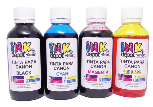 Ink Depot Juego de 4 Tintas Marca Compatible con Canon para Recarga de impresoras, multifuncionales, Tanques de Tinta de Fábrica, Sistemas de Tinta Continua, Cartuchos Originales y compatibles