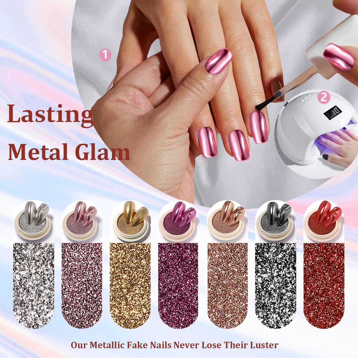 Sxvme Uñas Postizas Cuadradas Medianas Con Acabado Cromado Champán, Uñas Acrílicas Postizas Metálicas, Uñas Postizas De Metal Cromado Con Efecto Espejo, Uñas Postizas Ataúd Mediano Color Champán 0,04