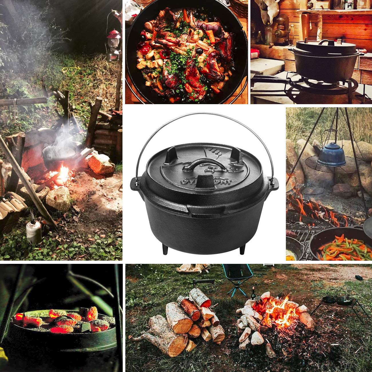 Overmont Camp - Tapa de hierro fundido presazonada para horno holandés, también una cacerola con elevador de tapa, para camping, cocina, barbacoa, hornear, 6 cuartos (olla + tapa)