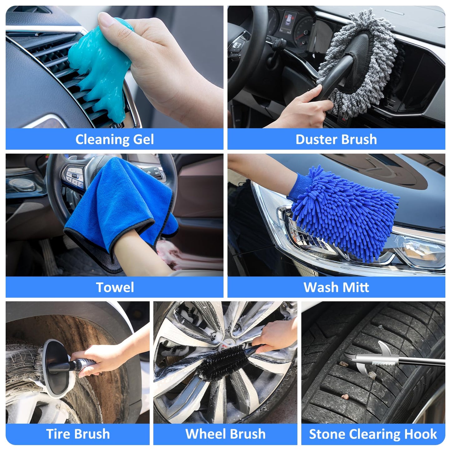 AUTODECO - Juego de limpieza para el lavado de coches con pulverizador de espuma, trapeador con mango largo, cubeta plegable, manopla grande, toallas, 44 piezas, azul