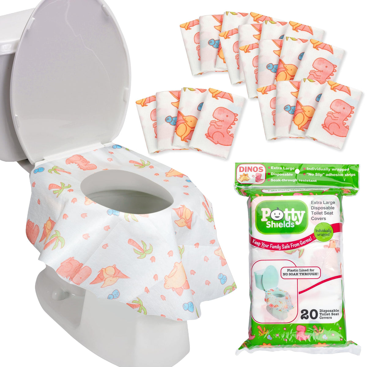 POTTY SHIELDS Funda de inodoro impermeable XL para niños y adultos, portátil e individualmente envuelta para viajes, dinosaurios (20 unidades)