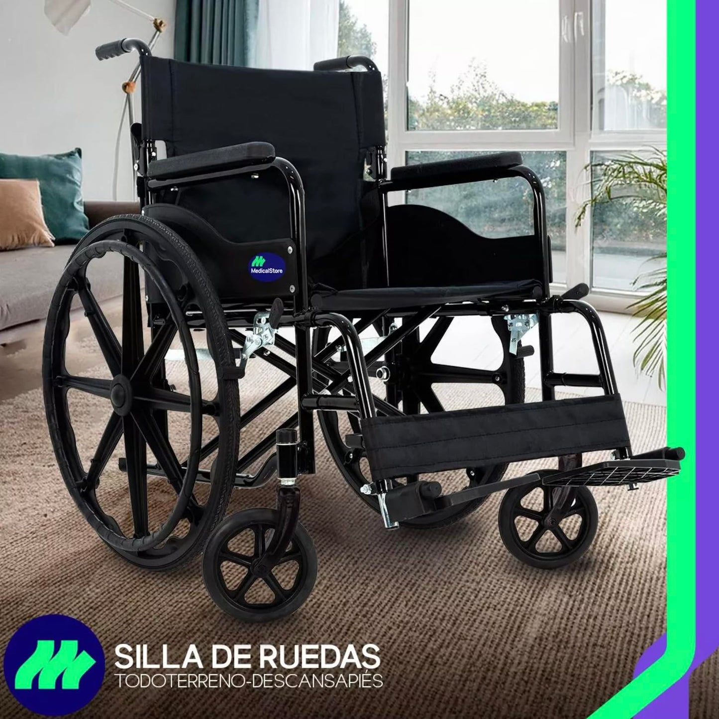 Silla De Ruedas Medical Store Negra Todo Terreno Plegable Con Freno De Mano Adulto Mayor