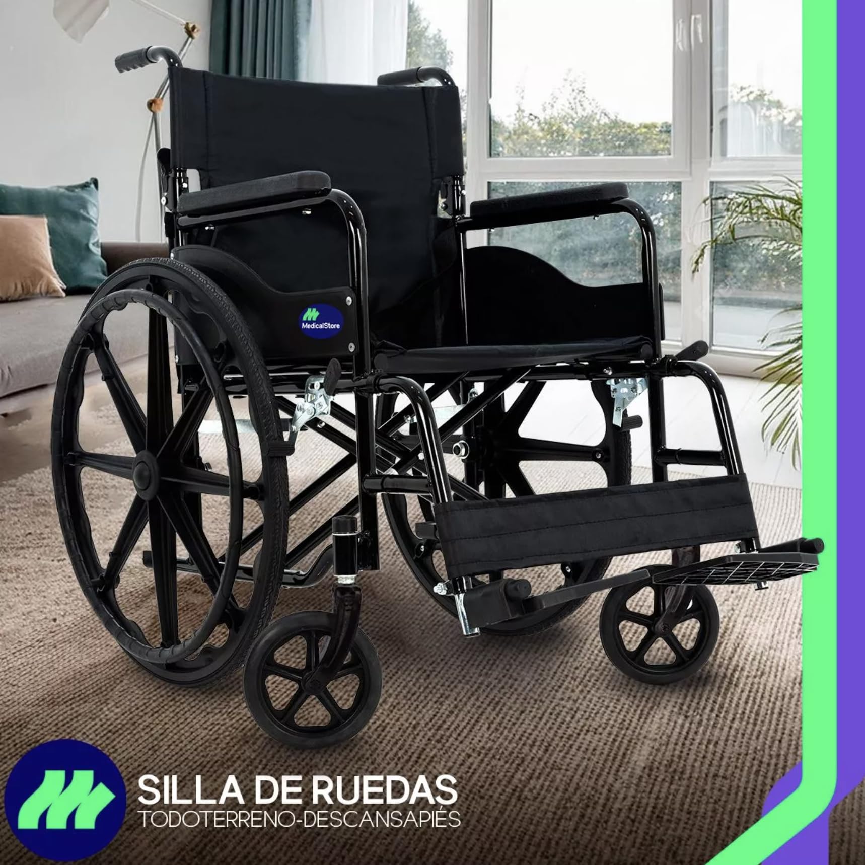 Silla De Ruedas Medical Store Negra Todo Terreno Plegable Con Freno De Mano Adulto Mayor