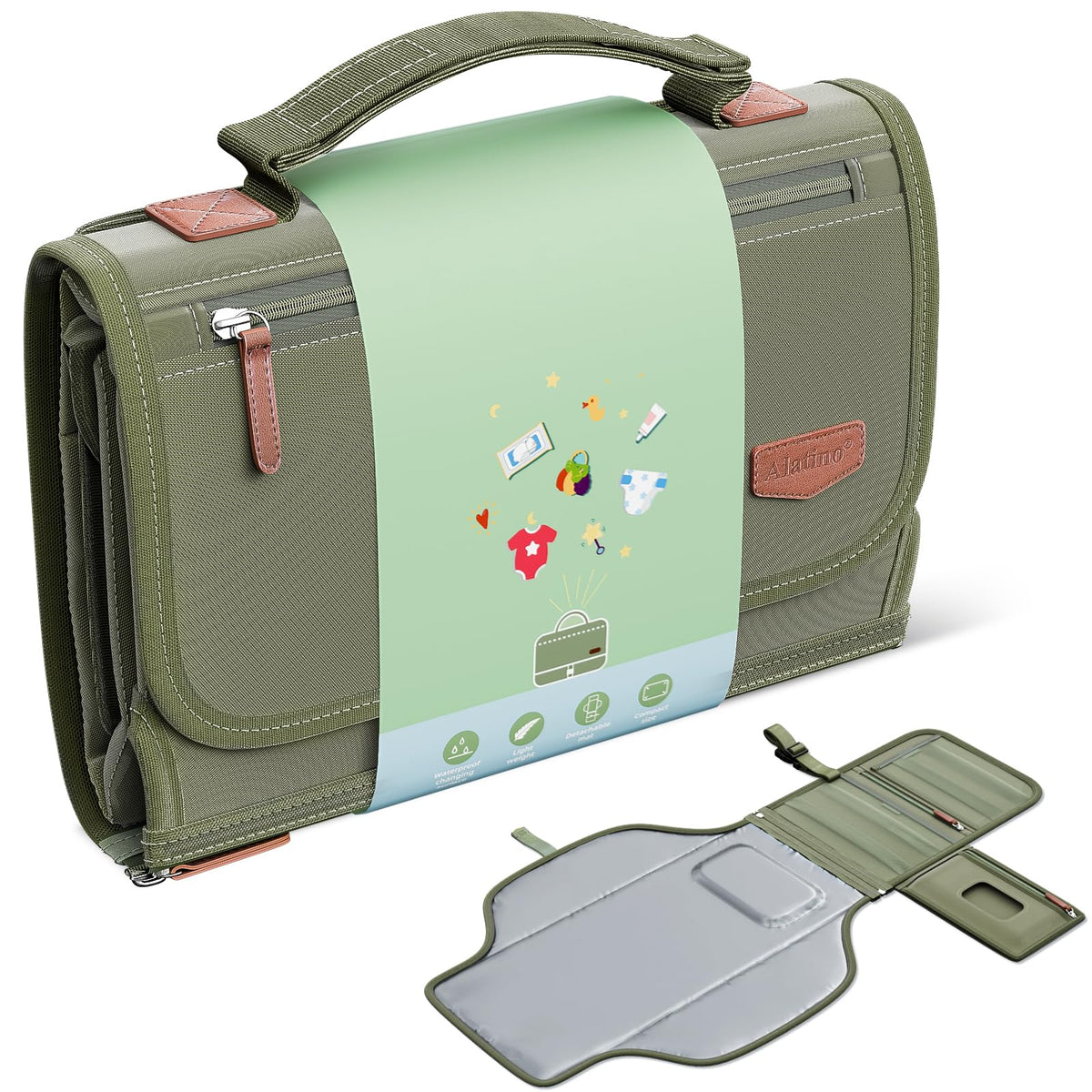 Cambiador Portátil de Pañales con Correa para el Hombro, Cambiador de Viaje Desmontable con Bolsillo para Toallitas para Bebé, Regalos para Baby Shower, Niñas Recién Nacidas y Niños (verde Militar)