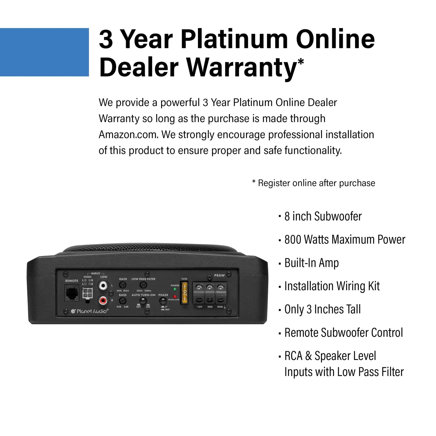 Planet Audio P8AWK - Subwoofer de perfil bajo de 8 pulgadas con motor para debajo del asiento, 800 de alta salida, amplificador integrado, para camiones, cajas y recintos, control remoto de subwoofer