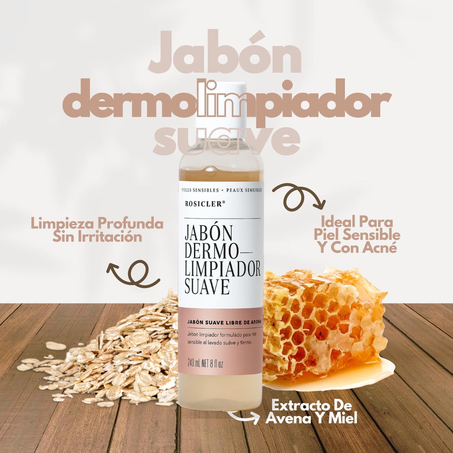 ROSICLER | Jabón Dermolimpiador Suave 120ml | Piel Sensible | Extracto De Avena Y Miel | Ideal Para Limpiar | Hidratar | Eliminar Impurezas | Sin Resecar La Piel