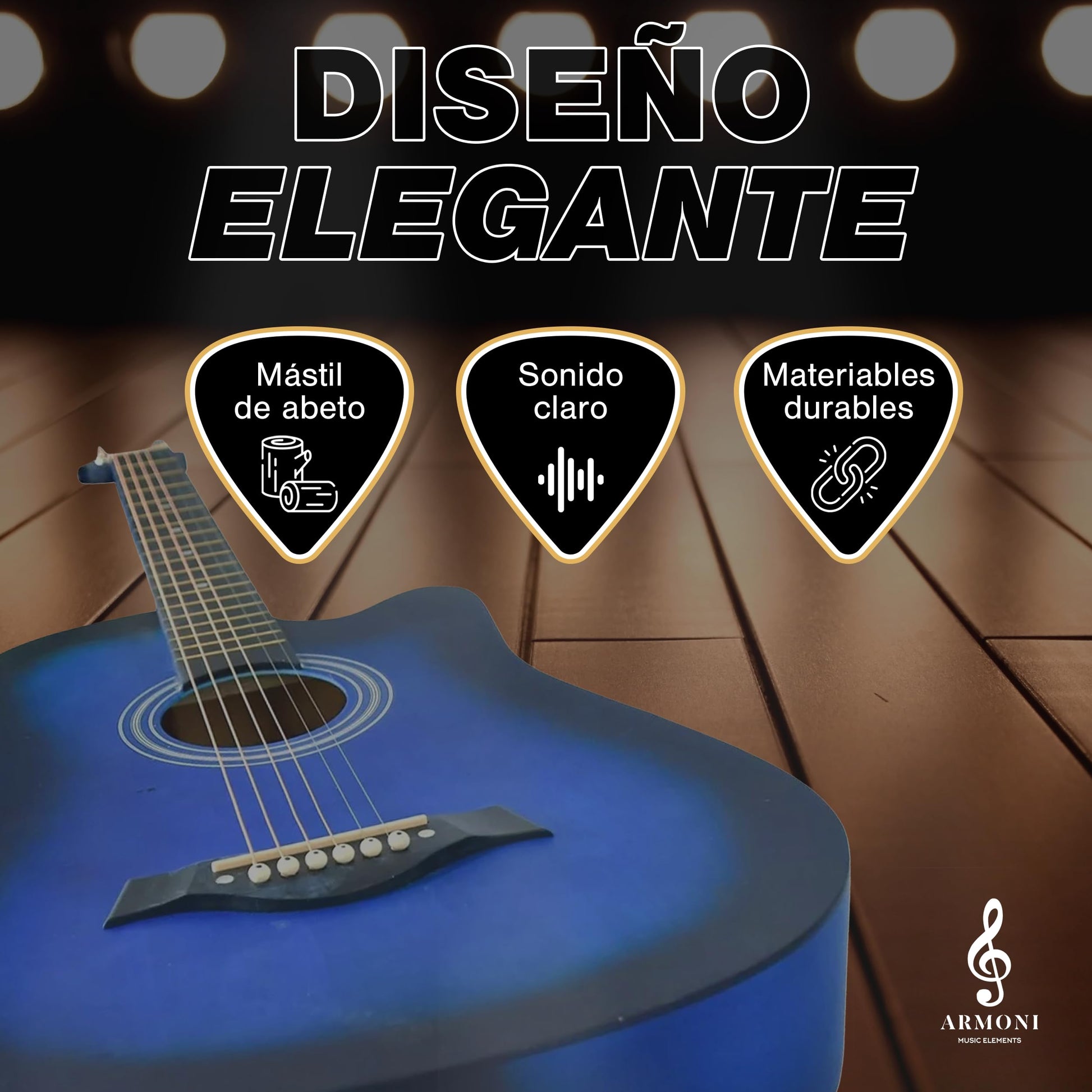 Guitarra Acústica Curva Armoni 4/4 con Accesorios Completos | Guitarra Azul - Cuello de Abeto, Cuerdas de Nailon, Funda, Púas y Más