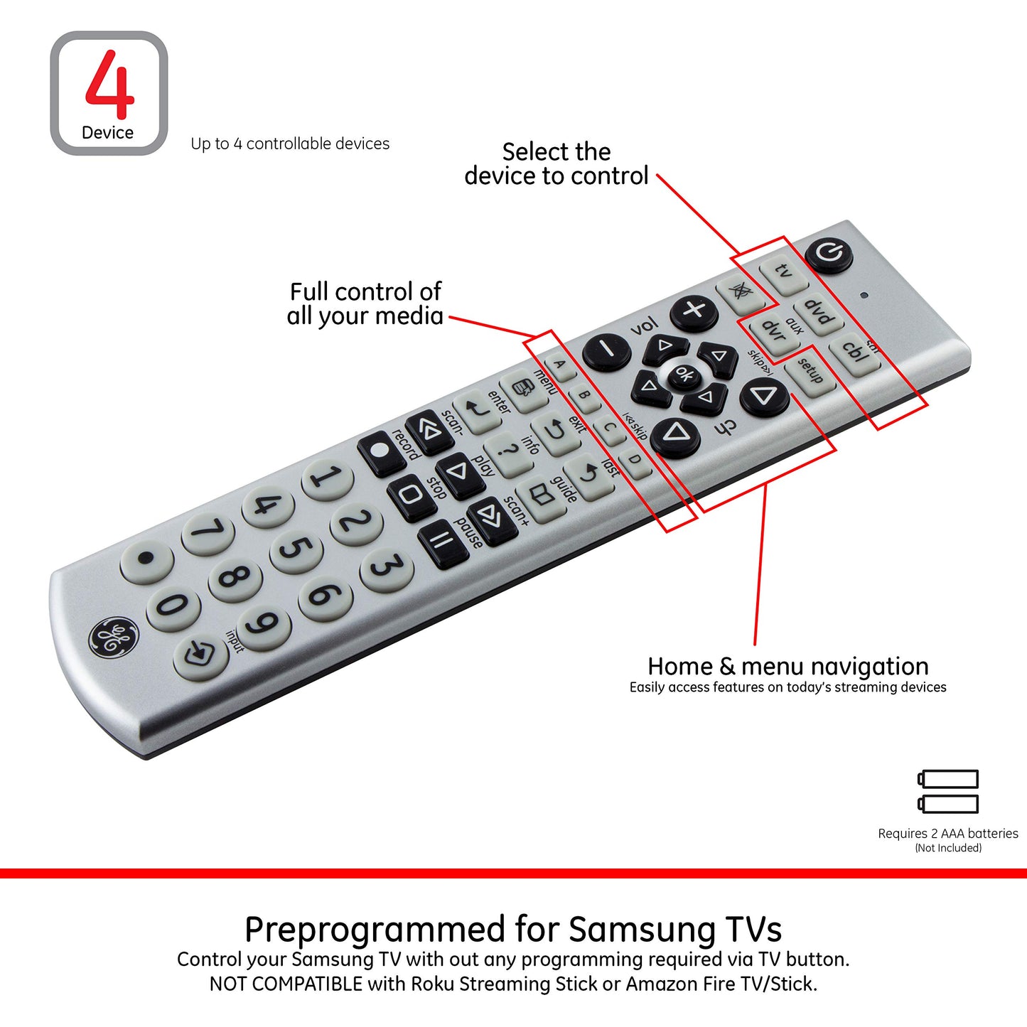 GE 34931 Universal Big Remote, Color Pack of/Paquete de 1