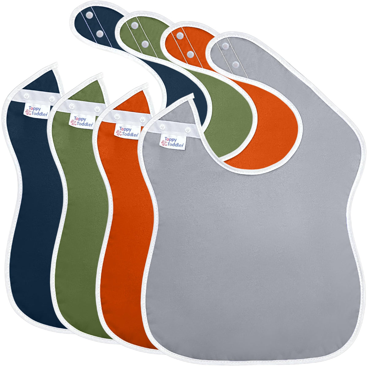 Toppy - 4 baberos de bebé grandes multicolor e impermeables para niños de 1 a 4 años, baberos de tela ligera, suave y duradera con botones a presión para niñas y niños, apto para secadora y fácil de