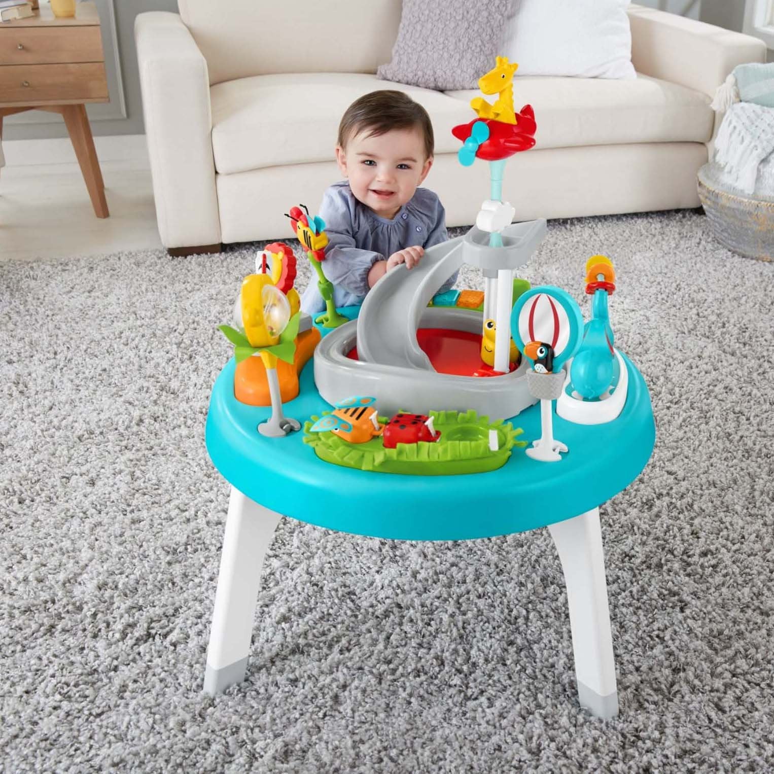 Fisher-Price - Centro de actividades 3 en 1 para sentarse a estar de pie con luces musicales y rampa en espiral, selva jazz