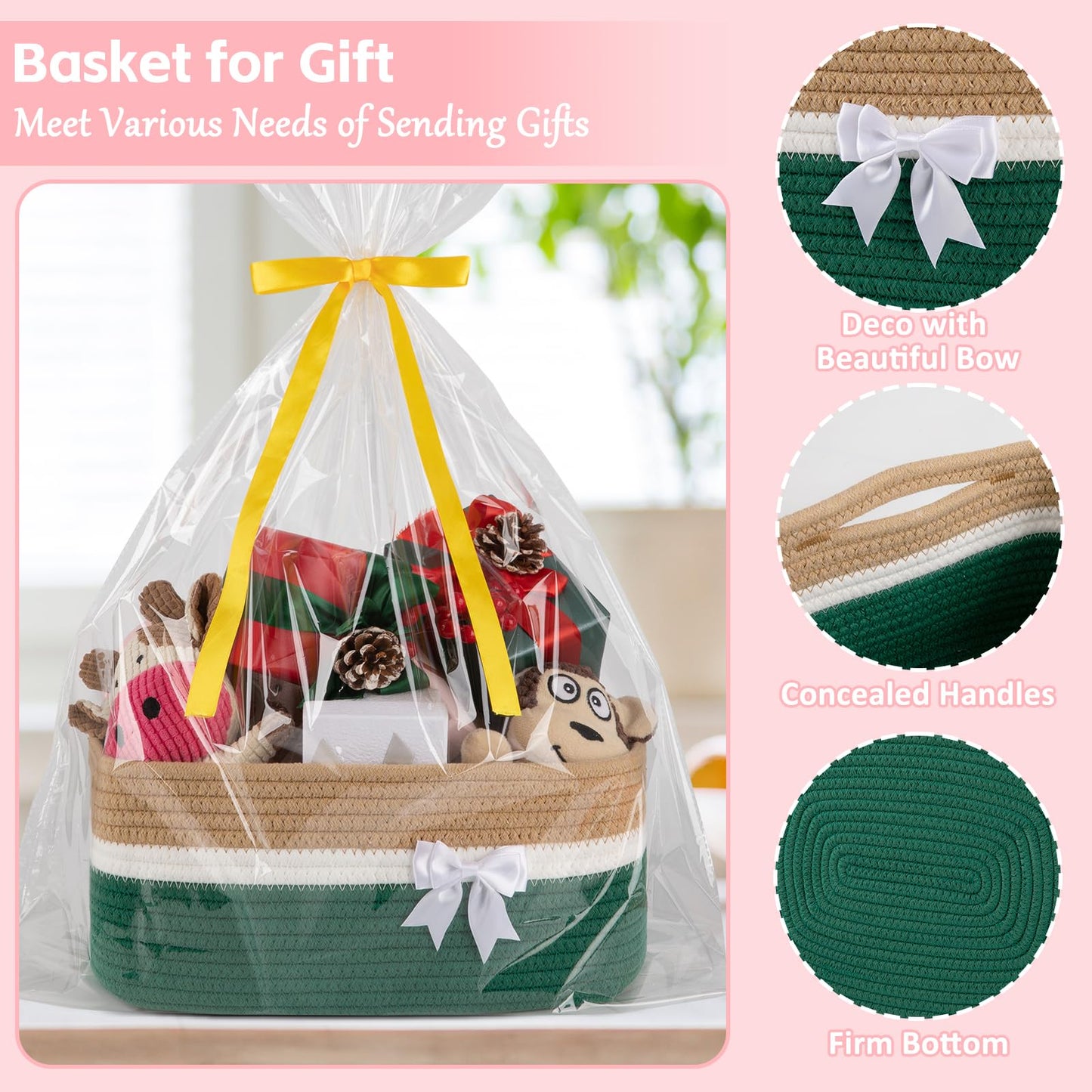 OIAHOMY - Cesta de almacenamiento tejida grande con asas para guardería, estantes de sala de estar, cesta de lazo para regalos vacía con bolsas de regalo y cintas para baby shower, contenedor de