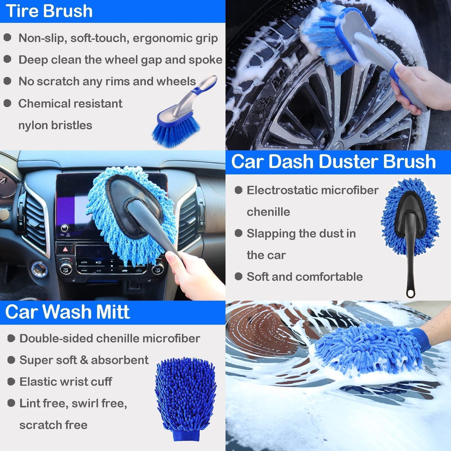 Korins Juego de Cepillos para Limpieza de Coches, 27PCS Kit de Cepillo de Limpieza de Llantas de Coche, Juego de Cepillos para Taladro, Kit de Lavado para Interior, Exterior y Ruedas