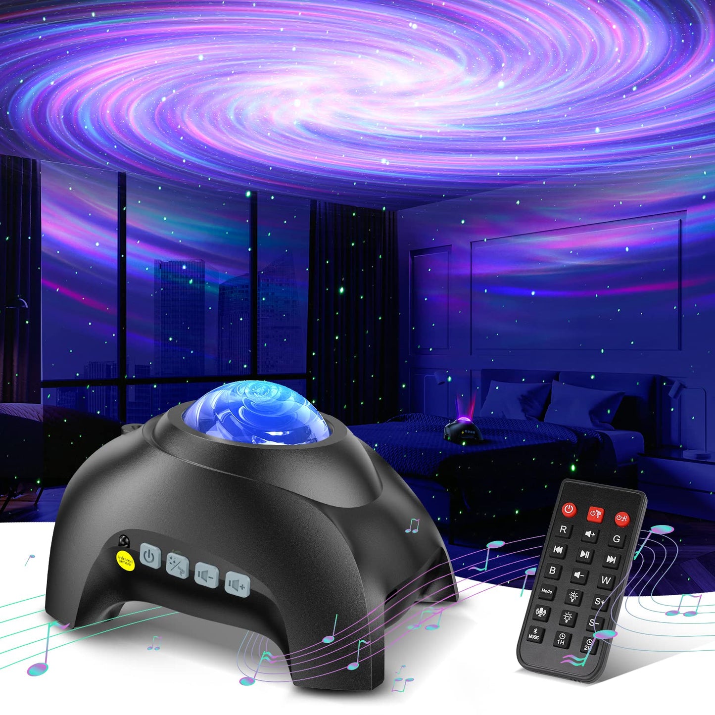 HODANS Northern Galaxy Light Aurora Proyector 33 efectos de luz luces nocturnas proyector de estrella LED lámpara de nebulosa control remoto ruido blanco, altavoz Bluetooth (negro azabache), HJ-XKD09
