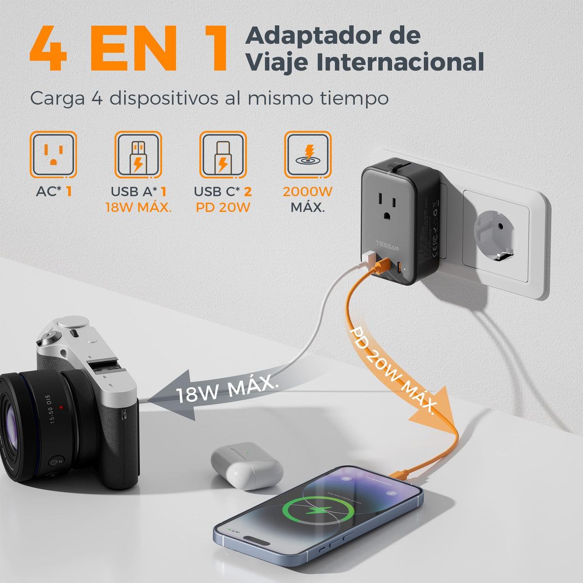 Adaptador Universal de Viaje TESSAN Blanco 20W Enchufe Europeo