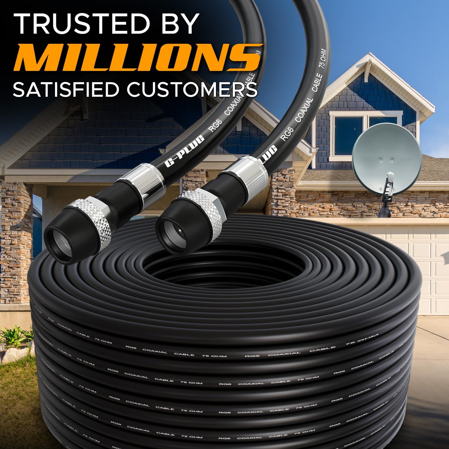 G-PLUG Cable Coaxial RG6 75 Ohm, Triple Blindaje, Impermeable, Conectores F Tipo Macho a Macho, Cable Antena TV, Satelital e Internet Banda Ancha, Incluye Acoplador F81, Negro